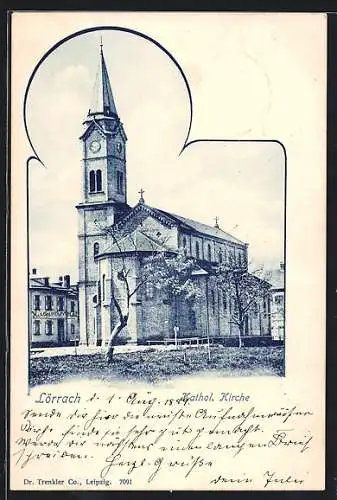 AK Lörrach, Kathol. Kirche mit Strassenpartie