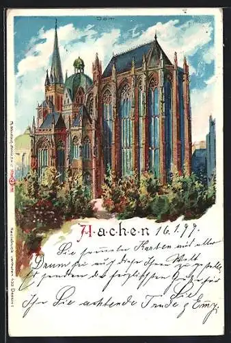 Lithographie Aachen, Motiv vom Dom