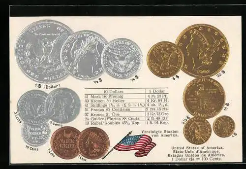 AK Vereinigte Staaten von Amerika, Währungstabelle, Geldmünzen und Nationalflagge
