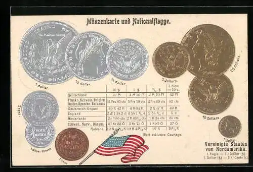 Präge-AK Vereinigte Staaten von Amerika, Münzenkarte und Nationalflagge