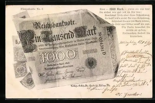 AK Geldschein über eintausend Mark mit Briefmarken