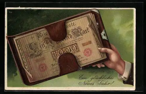 AK Klemmbrett und Geldschein, Neujahrsgruss