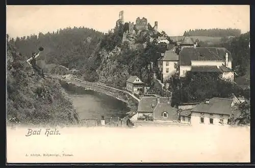 AK Bad Hals, Teilansicht mit Blick auf die Burgruine