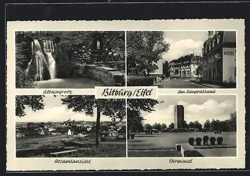 AK Bitburg /Eifel, Am Landratsamt mit Hotel, Albachgrotte, Ehrenmal