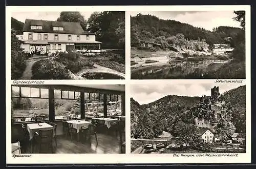 AK Manderscheid, Cafe und Gaststätte Heidsmühle, Schwimmbad, Burgruine