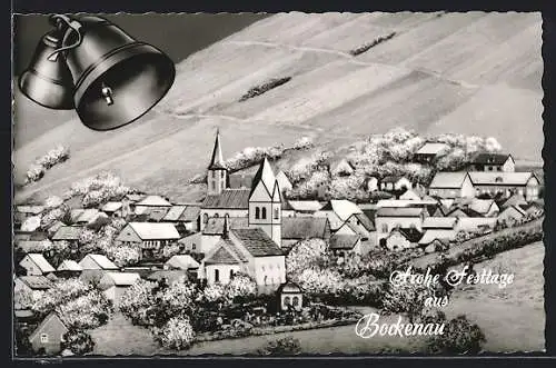 AK Bockenau, Teilansicht mit Kirche, Glocken, Festtagsgruss