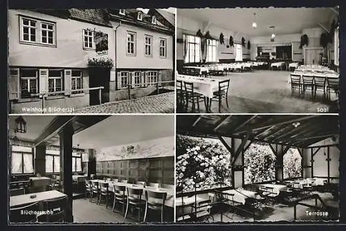 AK Steeg, Weinhaus Blüchertal, Innenansichten Saal, Blücherstube und Terrasse