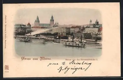 AK Mainz, Uferpartie mit Kirche von der Strassenbrücke aus