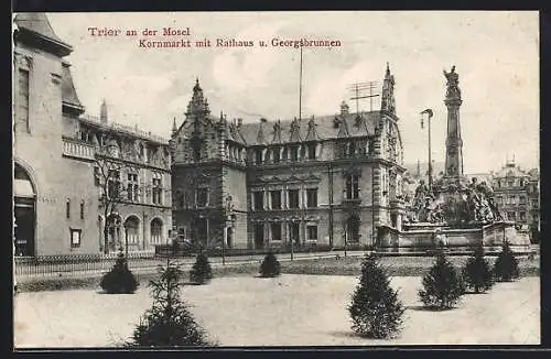 AK Trier, Kornmarkt mit Rathaus und Georgsbrunnen