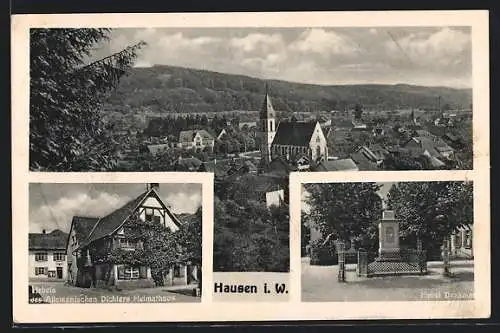 AK Hausen i. W., Hebels des Allemanischen Dichters Heimathaus, Hebel Denkmal, Ortsansicht