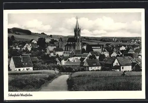 AK Scherfede /Westfalen, Ortsansicht mit Feld und Bauer