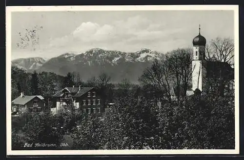 AK Bad Heilbrunn, an der Kirche, Blick auf die Berge