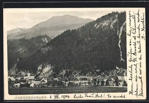 AK Oberdrauburg, Ortsansicht mit bewaldeten Berghängen