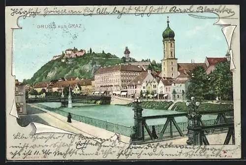 Lithographie Graz, Stadtansicht mit Flusspartie
