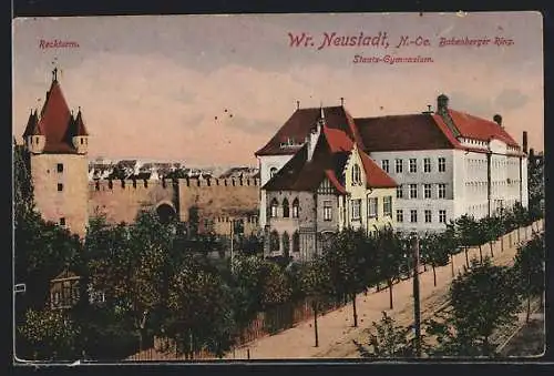AK Wiener Neustadt, Reckturm und Staats-Gymnasium am Babenberger Ring