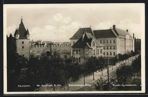 AK Wr. Neustadt, Reckturm, Babenberger Ring und Staats-Gymnasium