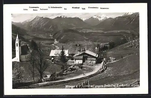 AK Mösern, Ortsansicht mit Kirche, Blick ins Inntal, Lechtaler Alpen mit Riffler, Stams, Gr. Schlenkerspitze, Muttekopf