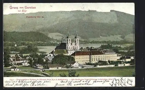 AK Garsten bei Steyr, Ortsansicht mit dem Damberg im Hintergrund