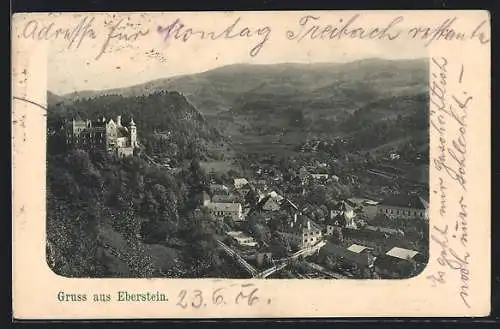 AK Eberstein, Panoramablick über die Burg und die darunterliegende Ortschaft