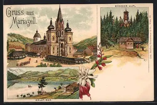 Lithographie Mariazell, Kirche, Bürger-Alpl und Erlaf-See