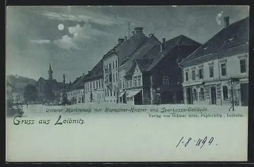 Mondschein-AK Leibnitz, Marktplatz mit Kapuzinerkloster und Sparkassegebäude