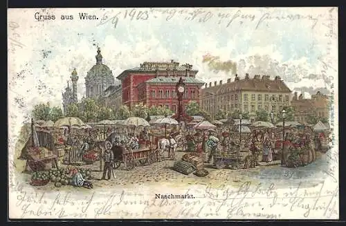 Lithographie Wien, Naschmarkt mit Hund sowie Obst- und Gemüseverkäufern