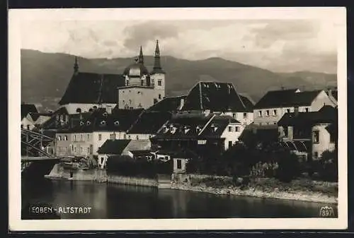 AK Leoben, Uferpartie mit Kirche in der Altstadt