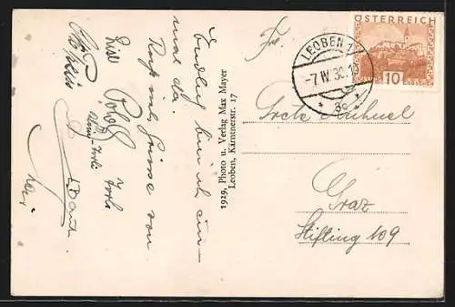 AK Leoben, Uferpartie mit Kirche in der Altstadt