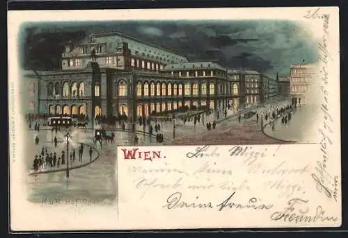 Lithographie Wien, K. und k. Hofoper bei Nacht