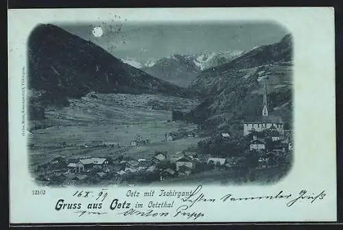 Mondschein-AK Oetz im Oetztal, Ortsansicht mit Blick auf Tschirgant