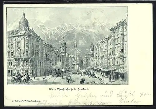 Künstler-AK Innsbruck, Maria Theresienstrasse mit Denkmal