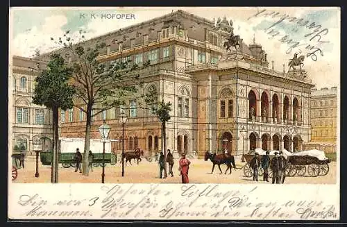 Lithographie Wien I, Oper, Kutschen vor der Hofoper