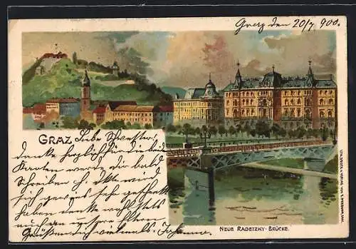 Lithographie Graz, die neue Radetzky-Brücke