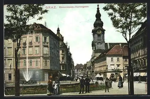 AK Graz, Bismarckplatz und Herrengasse mit Passanten