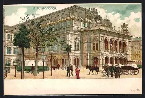 Lithographie Wien I, Oper, Kutschen vor der Hofoper