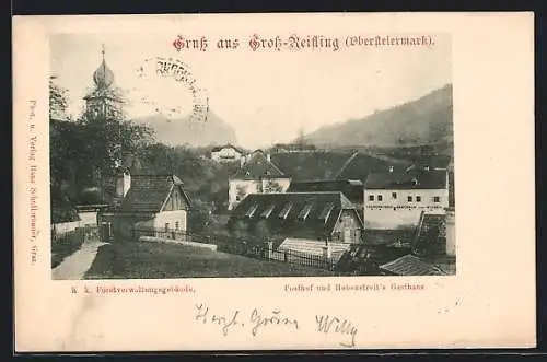 AK Gross-Reifling /Obersteiermark, K. k. Forstverwaltung, Kirche, Posthof und Hebenstreits Gasthaus