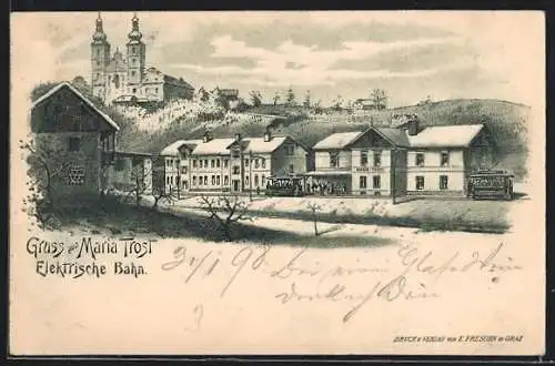 Lithographie Maria Trost, Bahnhof Elektrische Bahn und Kirche, Strassenbahn