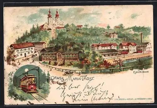 Lithographie Maria-Trost, Ortspartie mit Weizer`s Gasthof, Elektrische Bahn