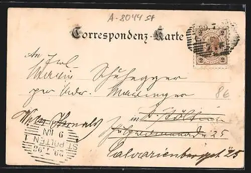 Lithographie Maria-Trost, Ortspartie mit Weizer`s Gasthof, Elektrische Bahn