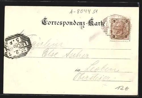 Künstler-AK Maria Trost, Ortspartie mit Elektrischer Bahn