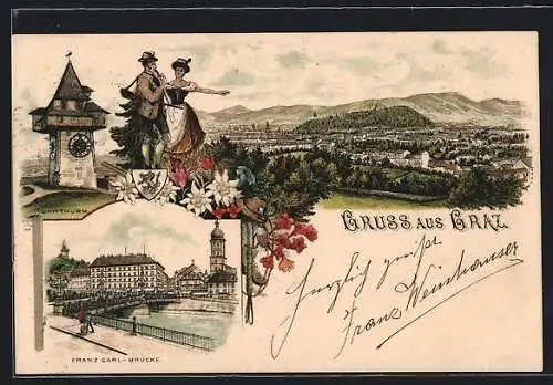 Lithographie Graz, Uhrturm, Wanderer und Frau in Tracht, Franz Carl-Brücke