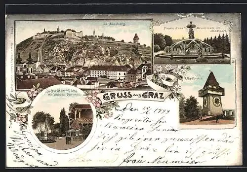 Lithographie Graz, Schweizerhaus mit Welden-Denkmal, Schlossberg, Uhrturm