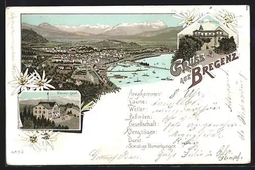 Lithographie Bregenz, Pfänder-Hotel, Gebhardsberg, Gesamtansicht aus der Vogelschau