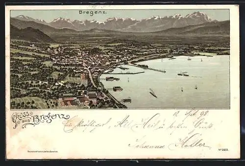 Lithographie Bregenz, Gesamtansicht mit See und Bergpanorama aus der Vogelschau