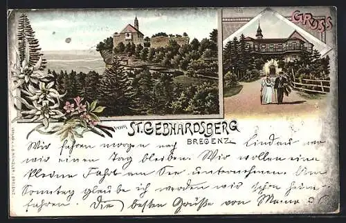 Lithographie Bregenz, St. Gebhardsberg, Kapelle mit Umgebung, Gebäude mit Turm