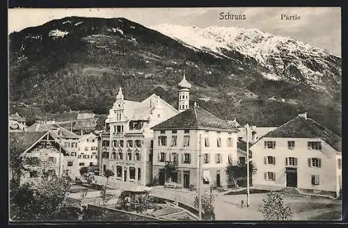 AK Schruns, Strassenpartie mit Bergblick aus der Vogelschau