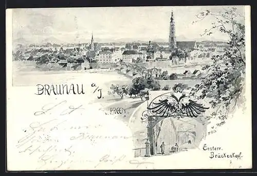 Lithographie Braunau a. I., Totalansicht aus der Vogelschau, Österr. Brückenkopf