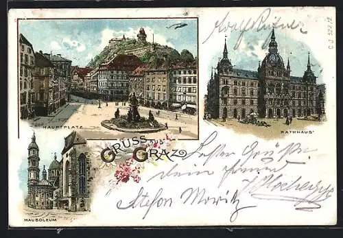 Lithographie Graz, Hauptplatz, Rathaus, Mausoleum