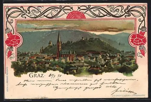 Lithographie Graz, Panorama in schönem Rahmen