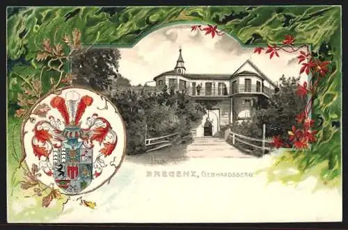 Passepartout-Lithographie Bregenz, Eingang zum Gebhardsberg, Wappen